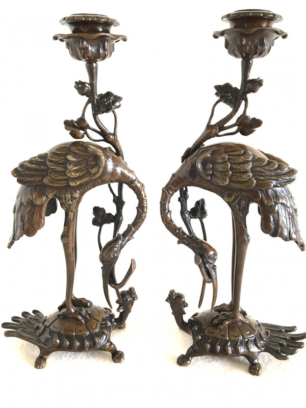 Pair of chased and patinated bronze candlesticks, Japan Late 19th century