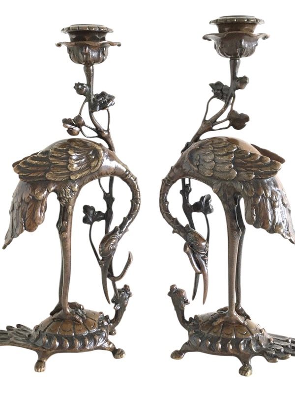 Pair of chased and patinated bronze candlesticks, Japan Late 19th century