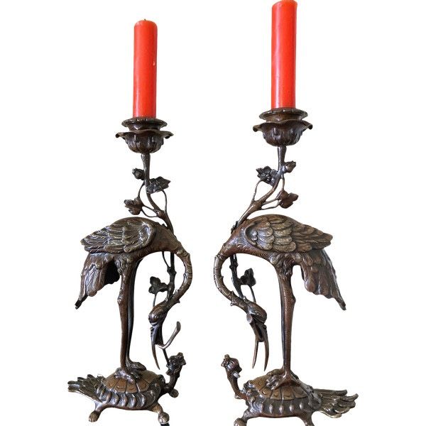 Pair of chased and patinated bronze candlesticks, Japan Late 19th century