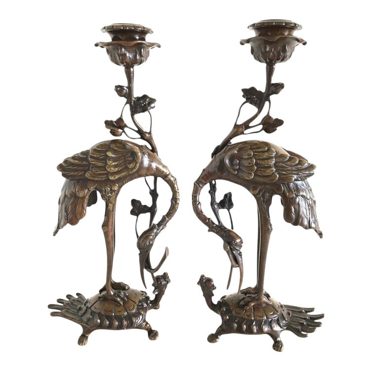 Pair of chased and patinated bronze candlesticks, Japan Late 19th century