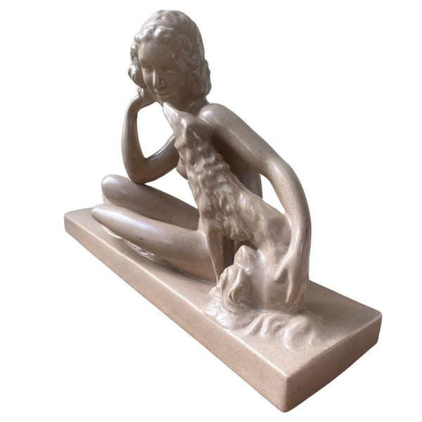 Femme Nue et Son Chien (Lévrier) - Statue en Céramique Beige - Signée Charles Lemanceau - 1930 - Art