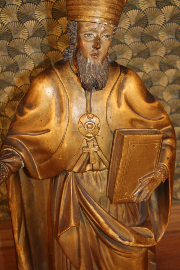 Grande statua in legno dorato del XVIII secolo raffigurante un santo vescovo con baldacchino rimovibile