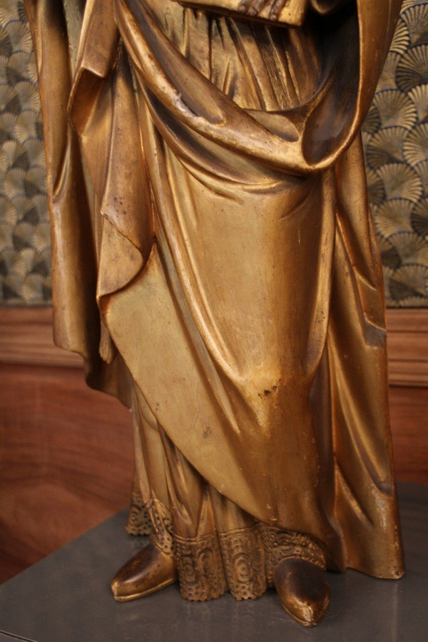 Grande statua in legno dorato del XVIII secolo raffigurante un santo vescovo con baldacchino rimovibile