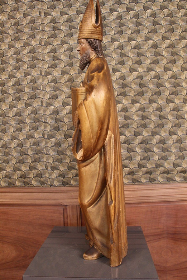 Grande statua in legno dorato del XVIII secolo raffigurante un santo vescovo con baldacchino rimovibile