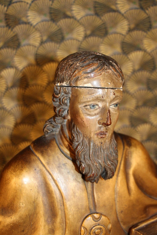 Grande statua in legno dorato del XVIII secolo raffigurante un santo vescovo con baldacchino rimovibile