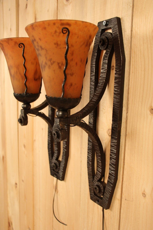 Pair of Art Deco Sconces From Daum And Wrought Iron