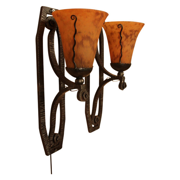 Pair of Art Deco Sconces From Daum And Wrought Iron