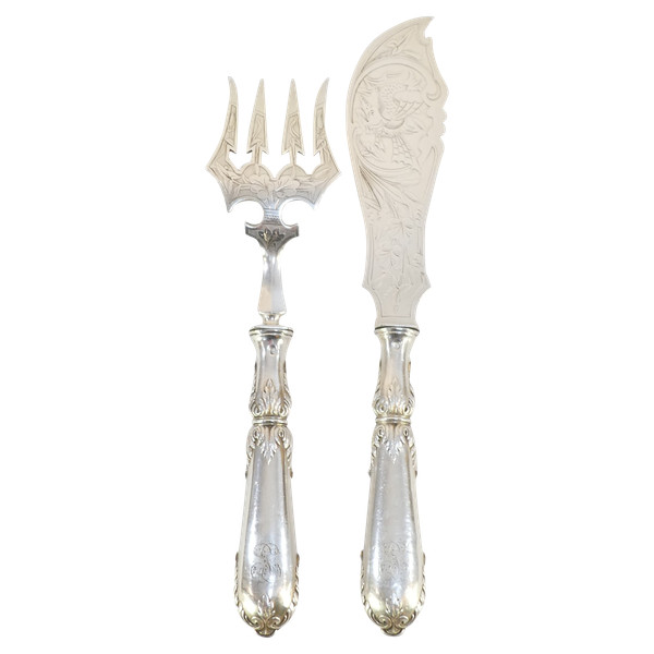 Solid SILVER fish service cutlery 19 eme Victor BOIVIN ( son)