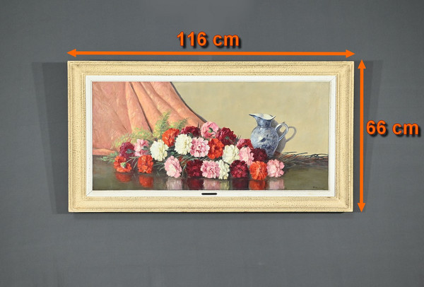 Großes Öl auf Leinwand "Bouquet de Pivoines" von P. Dolzan - 1930