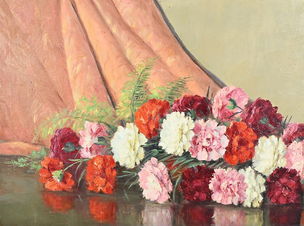 Großes Öl auf Leinwand "Bouquet de Pivoines" von P. Dolzan - 1930