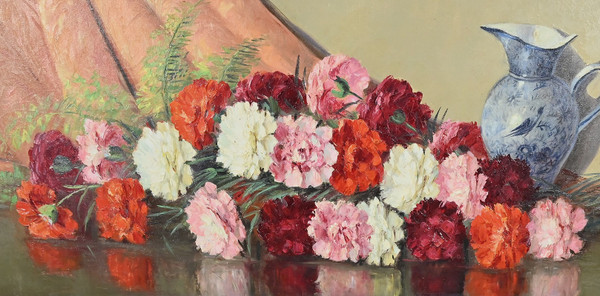 Großes Öl auf Leinwand "Bouquet de Pivoines" von P. Dolzan - 1930