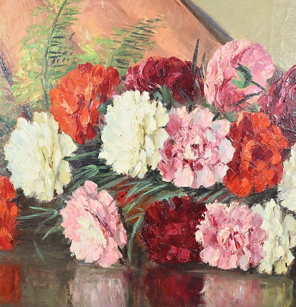 Großes Öl auf Leinwand "Bouquet de Pivoines" von P. Dolzan - 1930