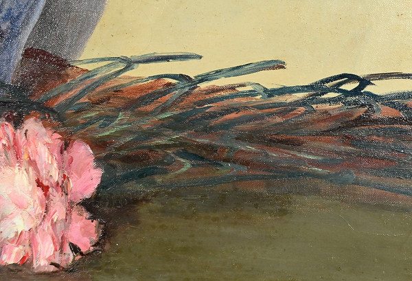 Großes Öl auf Leinwand "Bouquet de Pivoines" von P. Dolzan - 1930