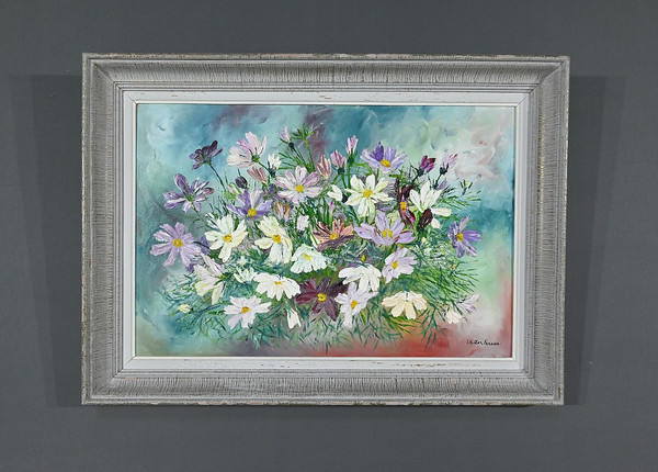 Oil on panel "Fleurs Sauvages" by I. Kitter Ferrus - Mid 20th century