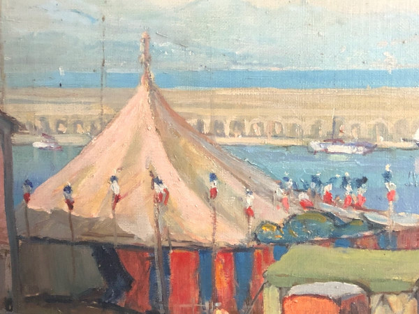 Large oil on panel painting Circus and funfair near the sea signed Sorot 52 (?)