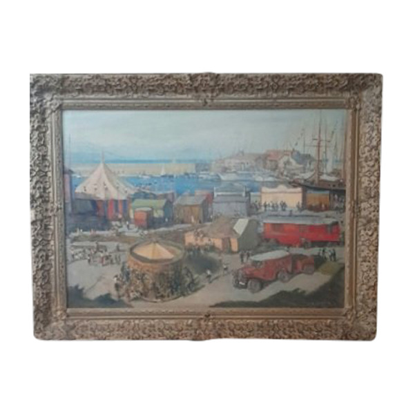 Large oil on panel painting Circus and funfair near the sea signed Sorot 52 (?)