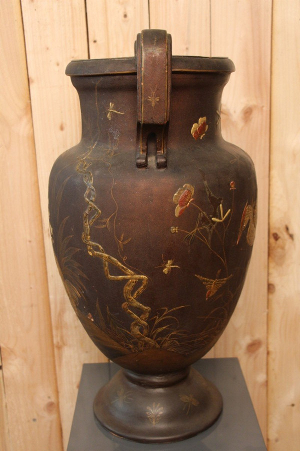 Grand Vase En Terre Cuite De Toul Et Majorelle En Laque Japonisant XIXeme  71 Cm De Hauteur