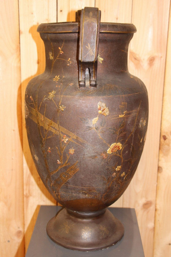 Grand Vase En Terre Cuite De Toul Et Majorelle En Laque Japonisant XIXeme  71 Cm De Hauteur