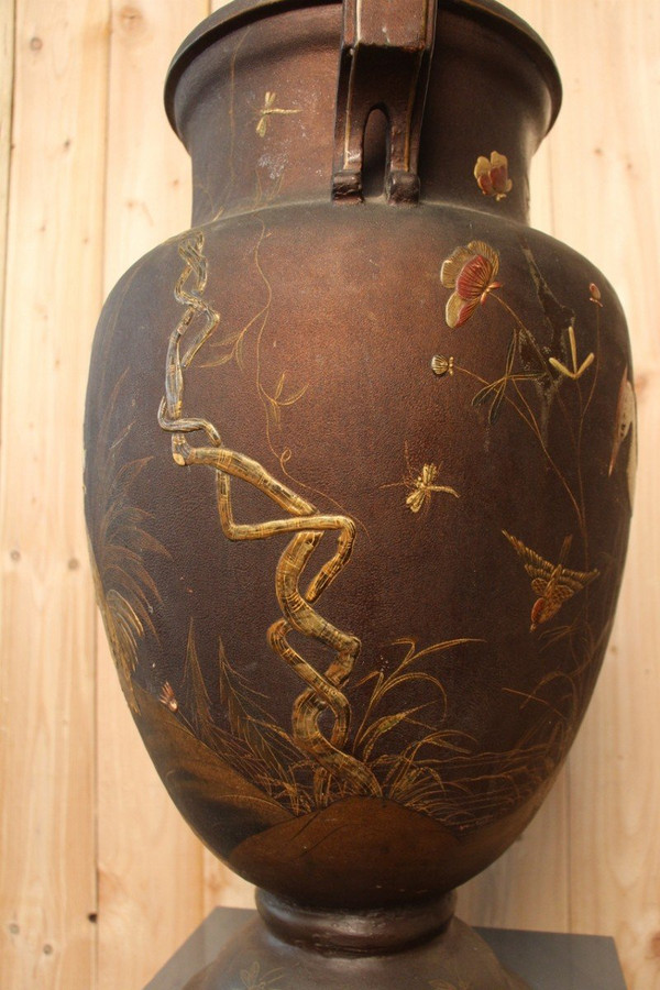 Grand Vase En Terre Cuite De Toul Et Majorelle En Laque Japonisant XIXeme  71 Cm De Hauteur