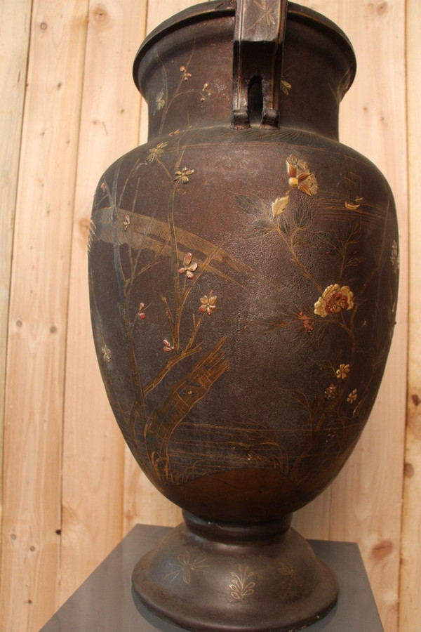 Grand Vase En Terre Cuite De Toul Et Majorelle En Laque Japonisant XIXeme  71 Cm De Hauteur