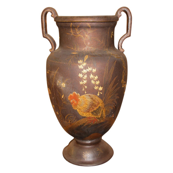 Grand Vase En Terre Cuite De Toul Et Majorelle En Laque Japonisant XIXeme  71 Cm De Hauteur