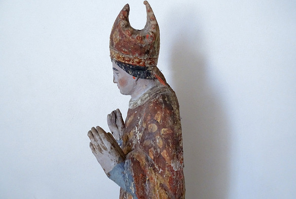 Statue of Saint Bishop Wood Carved Polychrome 17th Century