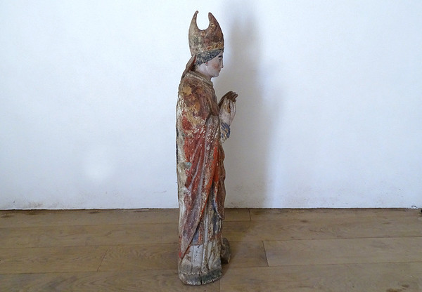 Statue of Saint Bishop Wood Carved Polychrome 17th Century