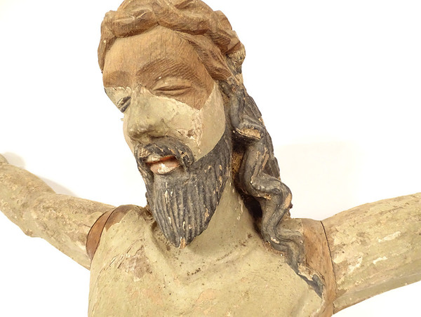 Grande Statue Christ Crucifix Croix Bois Polychrome Sculpté 94cm XVIIè