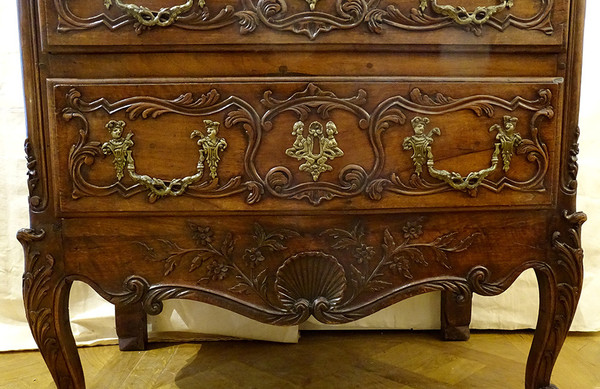 Small Provençal Sauteuse Chest of Drawers Walnut Carved Bronze Shells 18th century