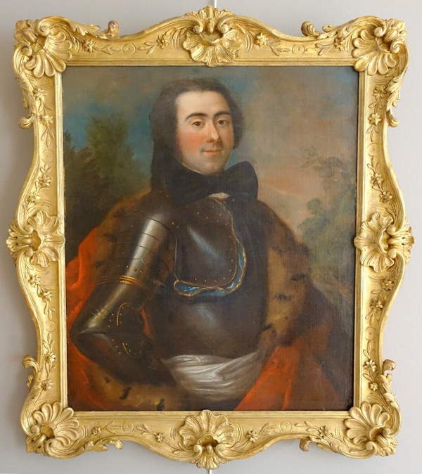 Portrait of an aristocratic officer, carved and gilded wood frame - Louis XV period 18th century