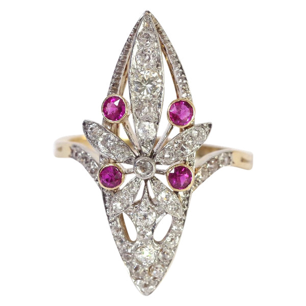 Ring Belle Époque Marquise Rubin Diamant in 18k Gold und Platin, Pendelring, Blumenring