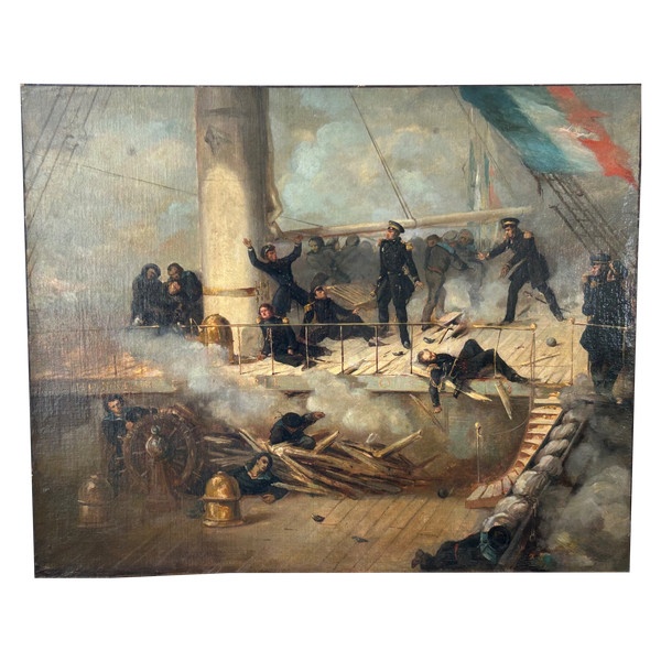 Painting - Tableau Représentant Le Pont Du Vaisseau Ville De Paris - Marine - Oil On Canvas