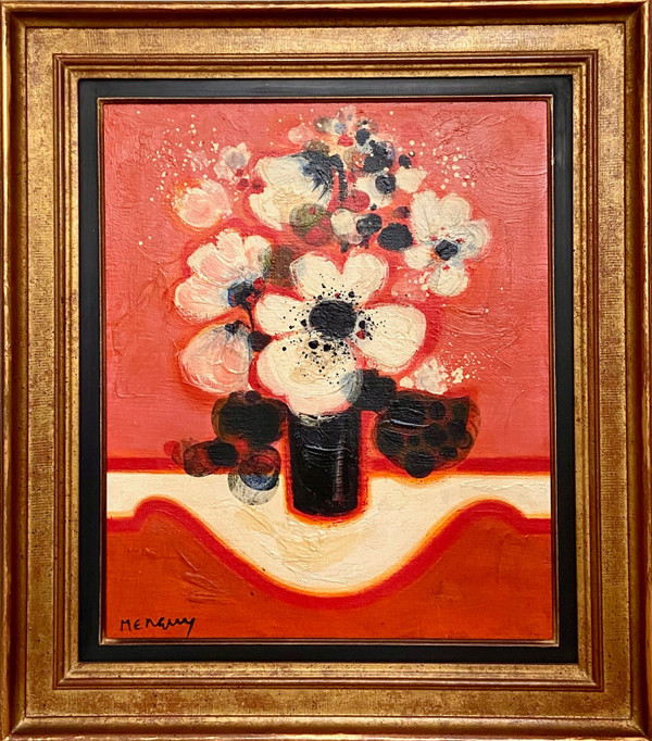 Frédéric Menguy (1927-2007), Oil on Canvas, 1970s, titled "Fleurs Blanches" (White Flowers).