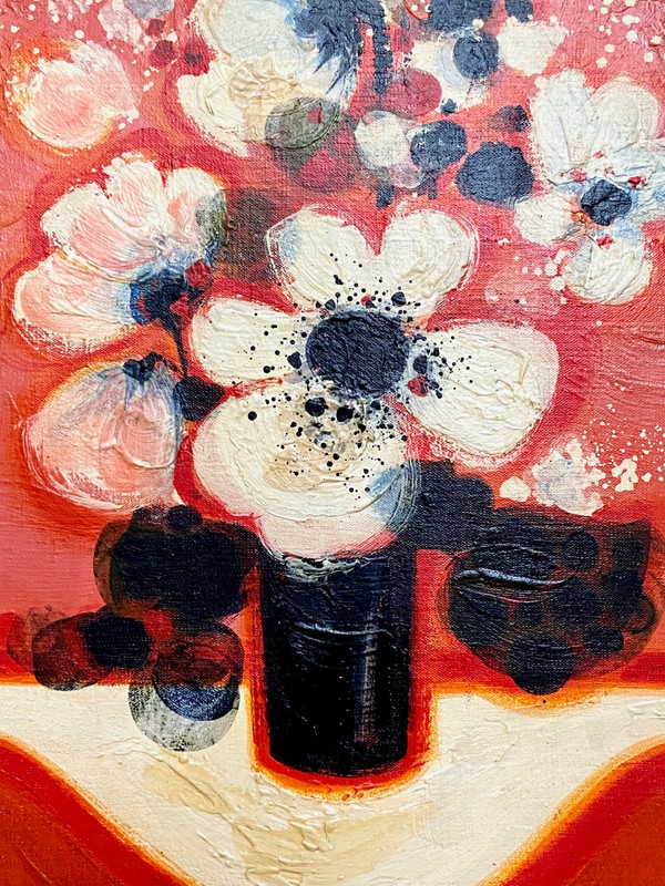 Frédéric Menguy (1927-2007), Oil on Canvas, 1970s, titled "Fleurs Blanches" (White Flowers).