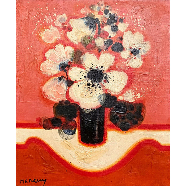 Frédéric Menguy (1927-2007), Oil on Canvas, 1970s, titled "Fleurs Blanches" (White Flowers).