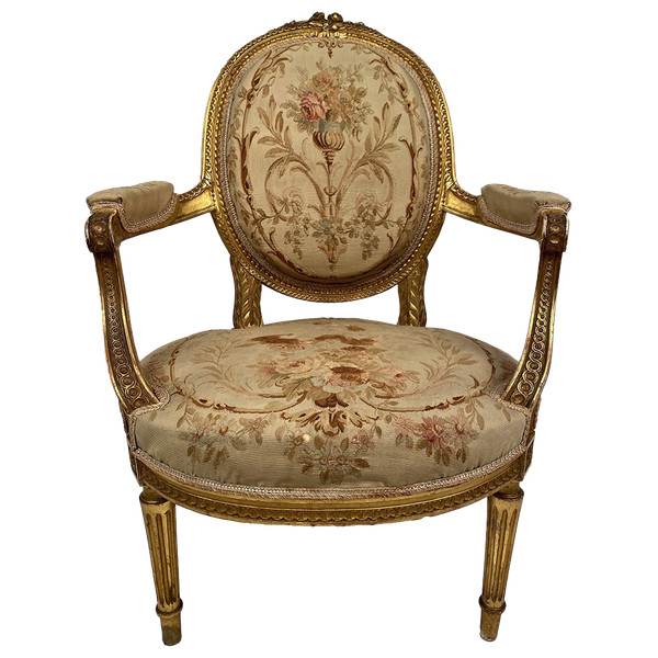 Louis XVI style giltwood armchair, late 19th or early 20th century