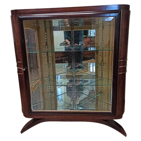 Art Deco corner display case in rosewood and mahogany