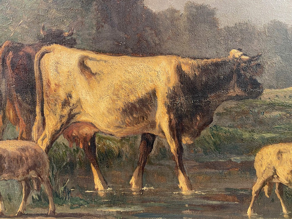 Andres Cortes (Spanish painter 1812-1879), landscape with cows and sheep. Oil on canvas 19th century