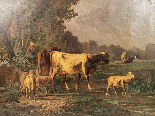 Andres Cortes (Spanish painter 1812-1879), landscape with cows and sheep. Oil on canvas 19th century