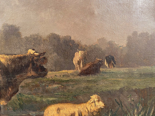 Andres Cortes (Spanish painter 1812-1879), landscape with cows and sheep. Oil on canvas 19th century