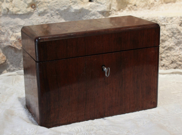 Travel tea box in veneer wood and its 3 original bottles, 19th century period