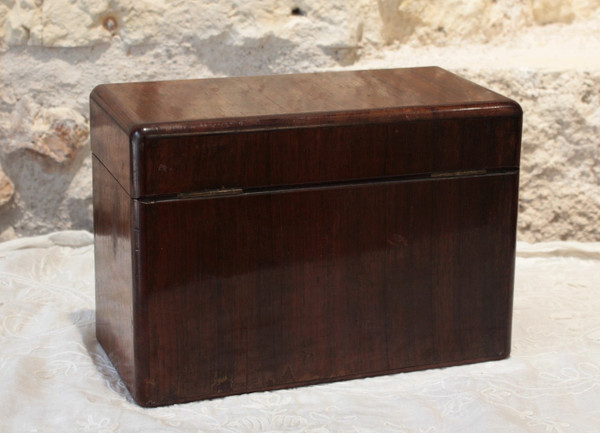 Travel tea box in veneer wood and its 3 original bottles, 19th century period