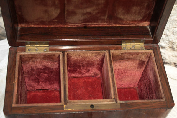 Travel tea box in veneer wood and its 3 original bottles, 19th century period