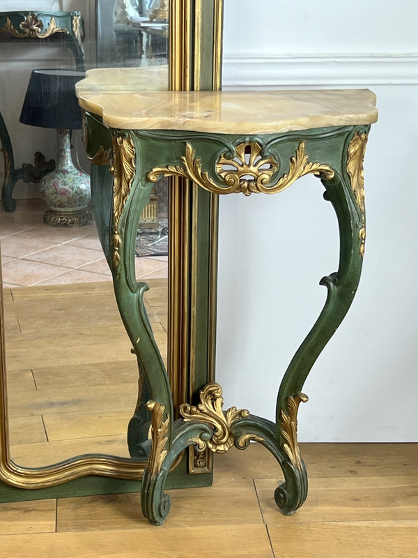 Console and its Old Trumeau in Green and Gold Painted Wood 