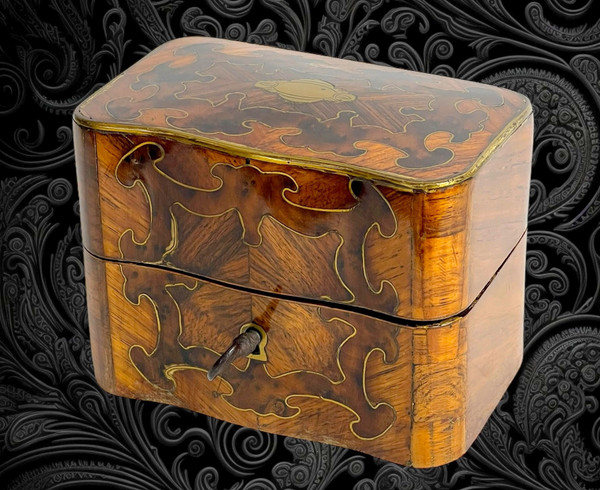 ANTIQUE MARQUETRY PERFUME BOX WITH ITS NAPOLEON III PERIOD BOTTLES