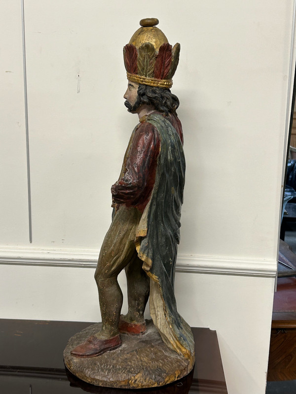 18th Century Polychrome Wooden Sculpture - Magi King - Religious Sculpture 