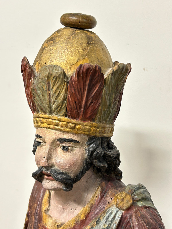 18th Century Polychrome Wooden Sculpture - Magi King - Religious Sculpture 