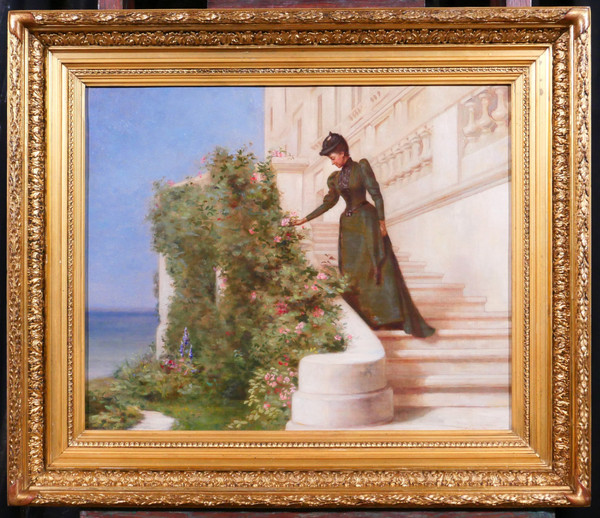 Jessie Marian ISAACS, Woman Picking a Rose in Front of a Castle, painting, New York, 1892