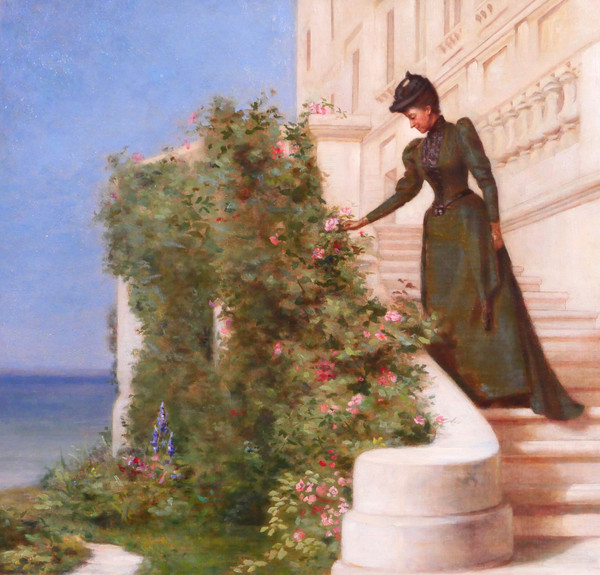 Jessie Marian ISAACS, Woman Picking a Rose in Front of a Castle, painting, New York, 1892