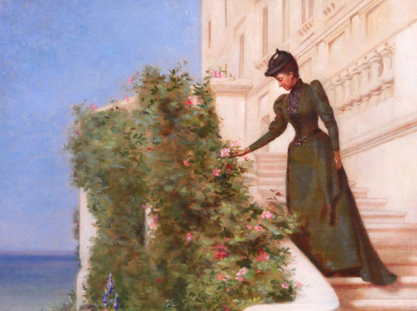 Jessie Marian ISAACS, Woman Picking a Rose in Front of a Castle, painting, New York, 1892